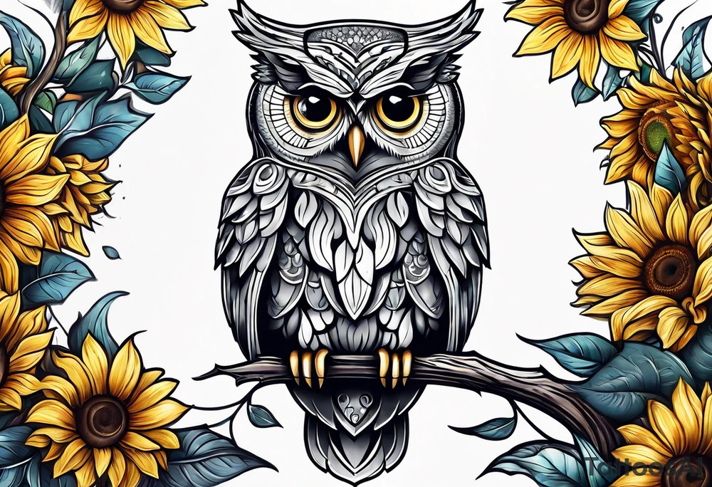 Owl and sunflower sleeve tattoo idea