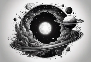 A tattoo that represents a black hole devouring planets orbiting around it. tattoo idea