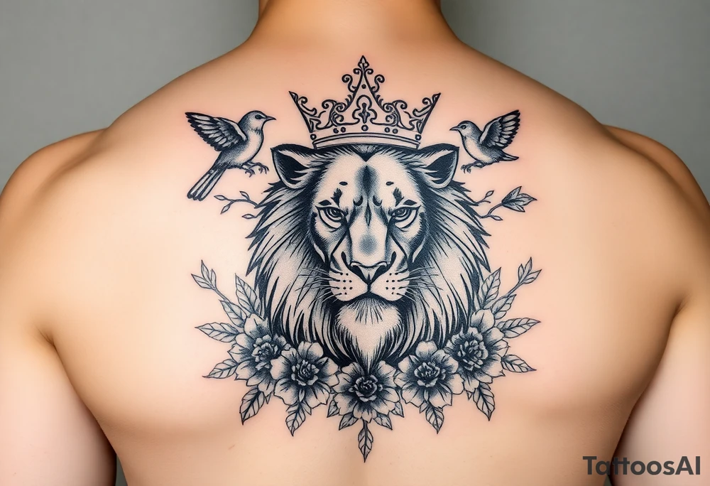 powerful majestic lion with a crown, surrounded by floral ornaments and birds tattoo idea