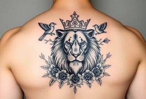 powerful majestic lion with a crown, surrounded by floral ornaments and birds tattoo idea