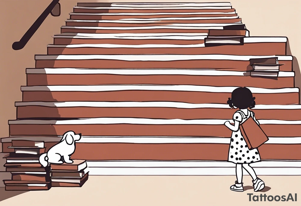 5 year old girl. Facing away and walking up steps which look like large books. The binding of the books being the front of the stairs. The girl has her hair partially up, with a bow securing her hair. She's wearing a puffy a-line, polka dot dress. In one hand, she's holding the arm of a stuffed dog, in the other she hold the hand of someone who's arm slowing disappears. tattoo idea