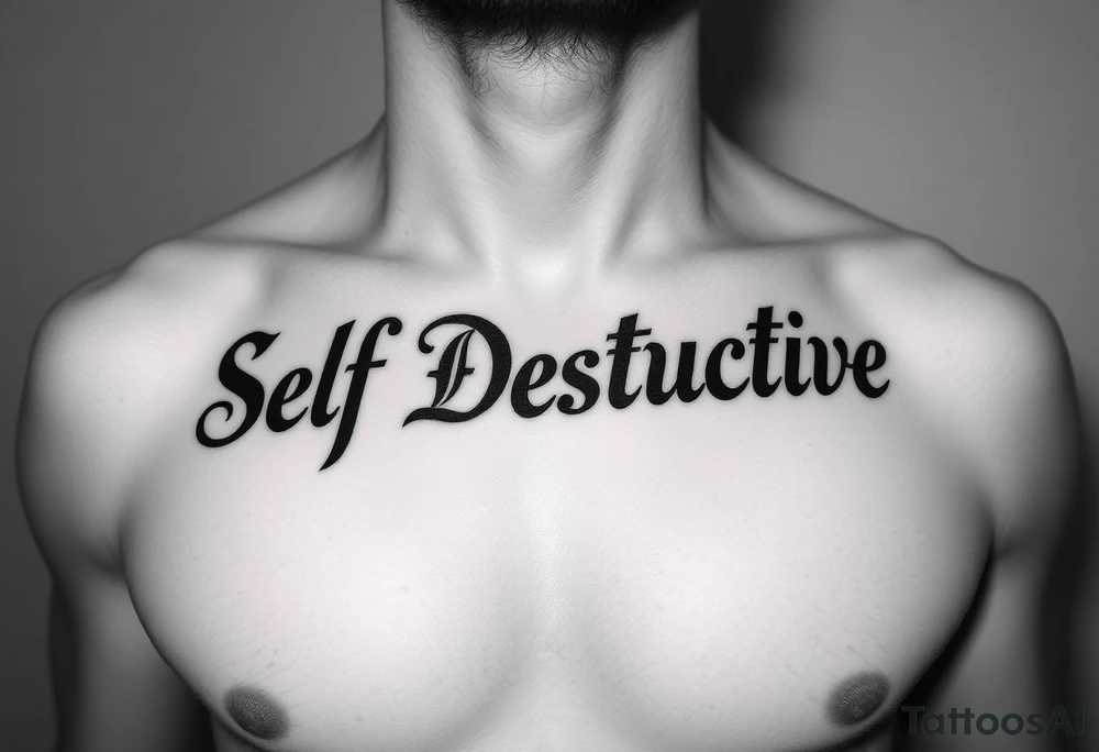 Outline of the words Self Destructive in a bold and thick gothic black letter cursive/ curly font lettering across the chest tattoo idea