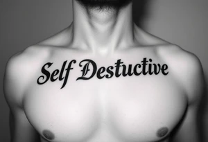 Outline of the words Self Destructive in a bold and thick gothic black letter cursive/ curly font lettering across the chest tattoo idea