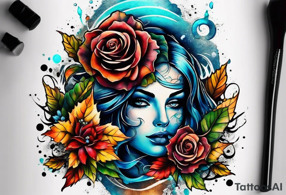 Front knee tattoo with fall colors, small flowers, rose, leaves, blue water flows with washes and background using Trash Polka style tattoo idea