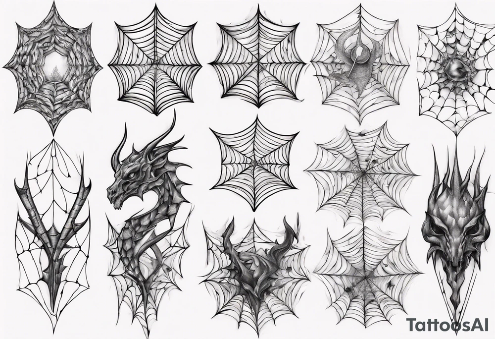 Dragon scales tangled spiderweb unicorn horn shattered chalices spider tattoo idea