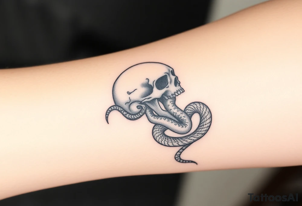 A hyper-realistic Dark Mark, with the snake slithering out of the skull’s mouth, coiled in a hypnotic pose tattoo idea