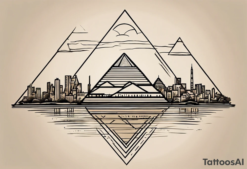 Craft a concise yet powerful tattoo that blends the Pyramids of Giza with the Manhattan skyline as the backdrop, seamlessly integrating the Nile River with the Hudson River. Keep it simple, focusing on key elements like pyramid silhouettes and iconic skyscrapers, allowing the rivers to converge naturally. Opt for a balanced composition with minimal detailing, capturing the essence of your Egyptian heritage alongside your life in New York tattoo idea