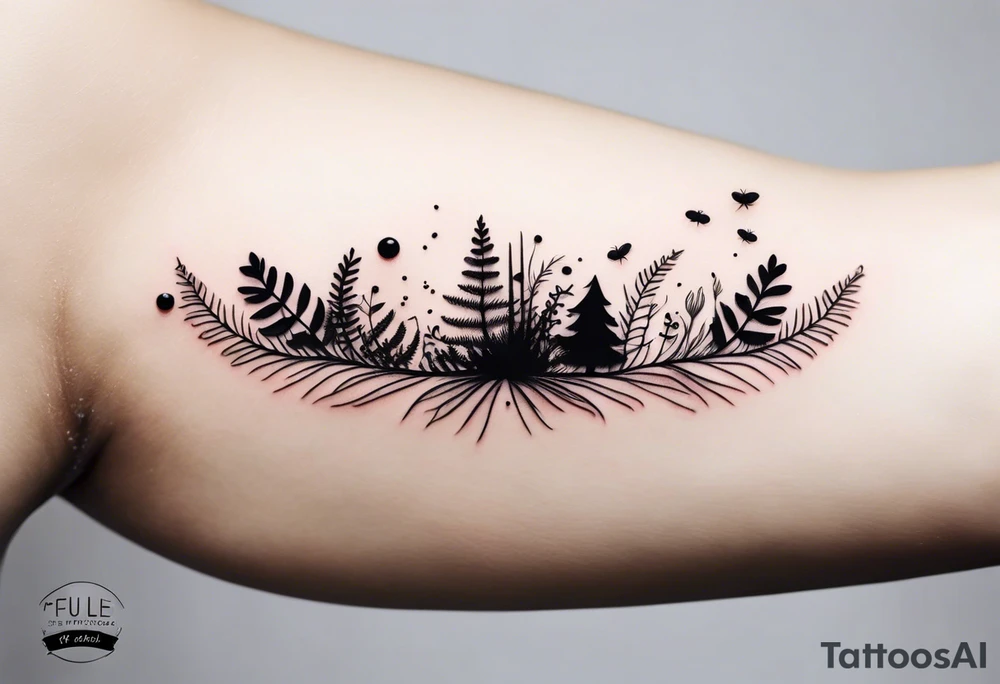 forest floor inspired minimalist tattoo, which includes grass, curly ferns, moss and dead leaves as the bulk of the tattoo. details to include: forest berries, a tiny bumblebee flying nearby, three small brown mushrooms
Generate a vertically long one tattoo idea