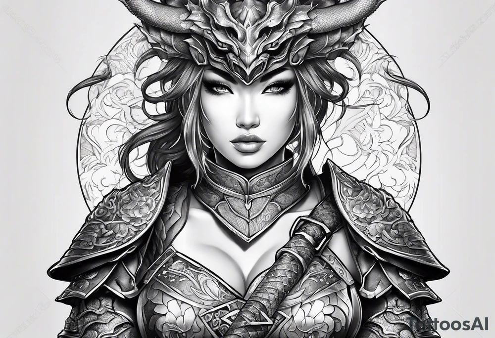 beautiful warrior woman wearing dragon armor tattoo idea