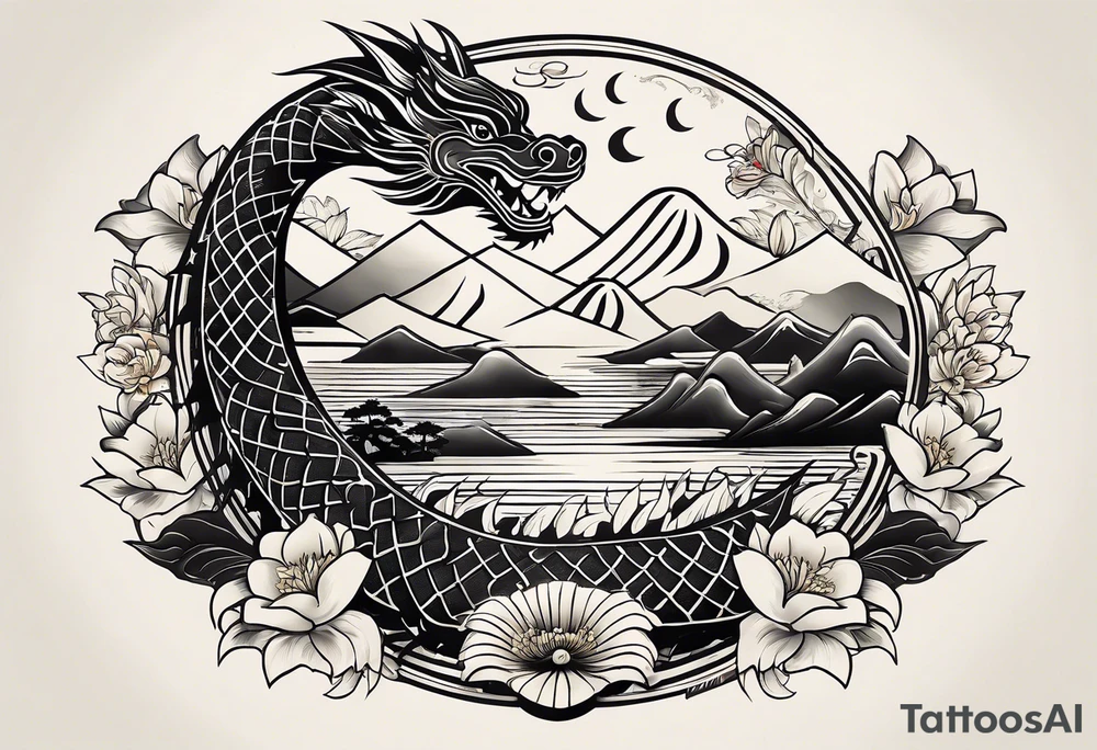 A black Vietnamese tattoo design featuring intricate depictions of sacred animals like the dragon and turtle intertwined with majestic mountains and lush rice fields. Incorporate iconic elements such as the conical straw hat floating above, surrounded by blooming lotus flowers and traditional silk lanterns. The tattoo reflects the essence of Vietnam's breathtaking nature, with swirling mist and flowing water elements woven into the composition, merging traditional artistry with a modern flair. Use a color palette that evokes the lush greens of the countryside and the warm tones of sunset. tattoo idea