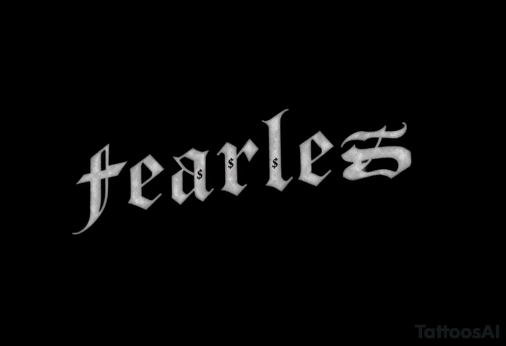 The words fearless in white gothic font and black background, and the letters "S" are dollar signs tattoo idea