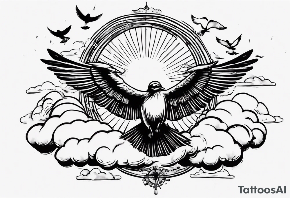 a shoulder tattoo with rays of light, clouds and birds flying free tattoo idea