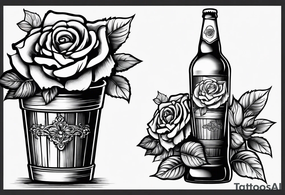 A bottle of beer and a stalk of rose in the bucket tattoo idea