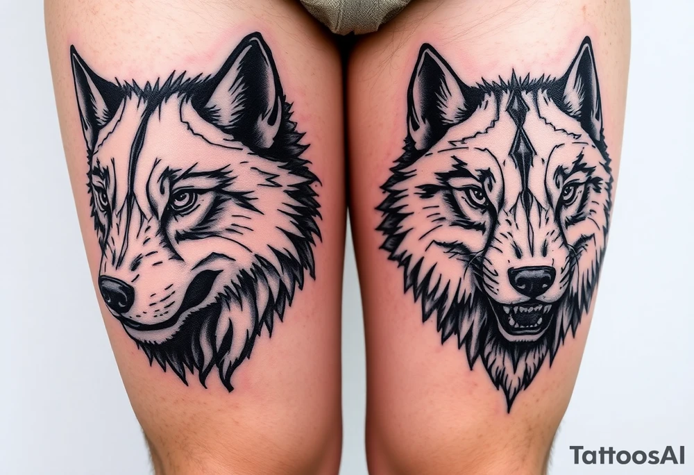 Side by side black wolf face and white wolf face tattoo idea Side by side black wolf face and white wolf face tattoo idea