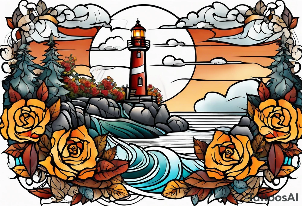thigh tattoo in fall colors, showing lighthouse, water flow around rocks, sky, clouds, leaves, roses and no trees tattoo idea