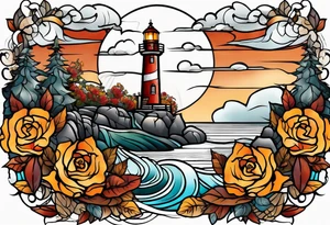 thigh tattoo in fall colors, showing lighthouse, water flow around rocks, sky, clouds, leaves, roses and no trees tattoo idea