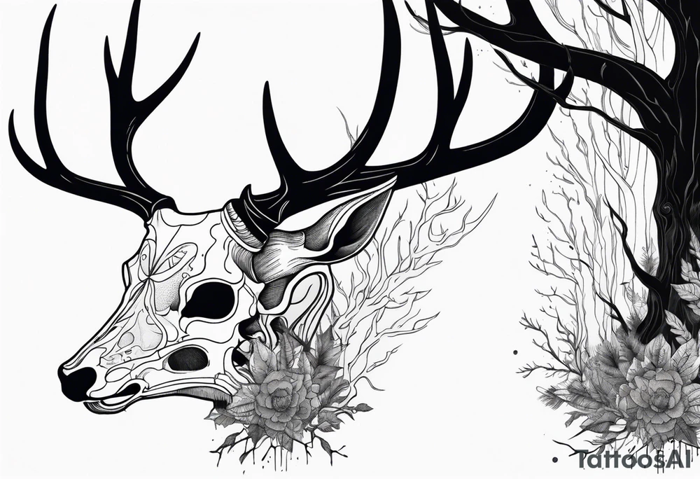 Scary side profile of a DECAYING deer skull JUST BONE surrounded by a flames and trees in background tattoo idea