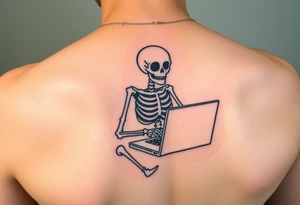 skeleton working at a laptop tattoo idea