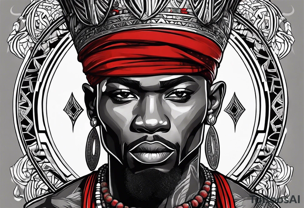 african warrior with a small silver crown and a red necklace tattoo idea