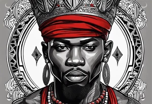 african warrior with a small silver crown and a red necklace tattoo idea