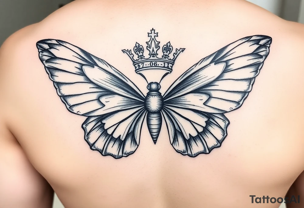 majestic butterfly angel with two king crowns and in grave in one of the king crowns the names JOSIAH wuth the date 7-06-21 in roman numerals and I. The other king crown the name Adian with the date 3-10-23 in roman numerals tattoo idea
