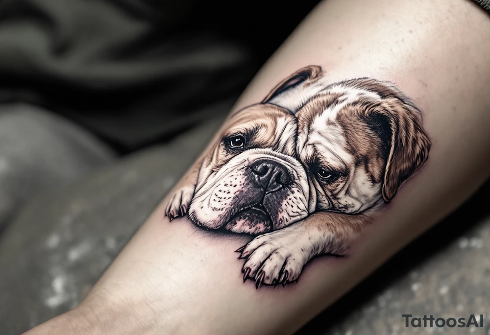 a golden retriever dog and an English bulldog, lying on their sides, head to head, foreheads touching, the golden retriever's head is larger than bulldog's tattoo idea