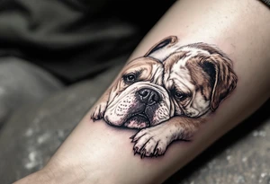 a golden retriever dog and an English bulldog, lying on their sides, head to head, foreheads touching, the golden retriever's head is larger than bulldog's tattoo idea