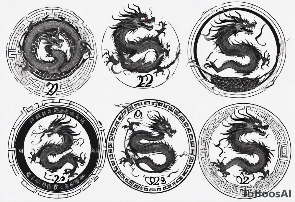 Chinese dragon in a circular shape with "02.03" written on its skin tattoo idea