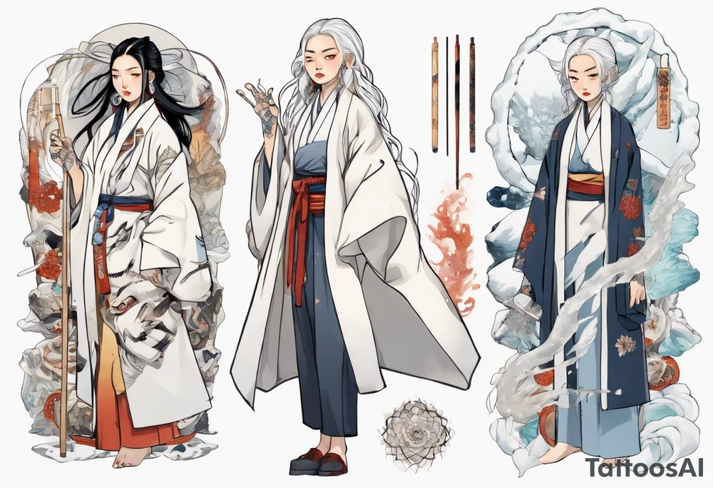 an indigenous woman with long white hair dressed in a white coat holding a white wand surrounded by ice tattoo idea