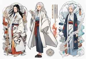an indigenous woman with long white hair dressed in a white coat holding a white wand surrounded by ice tattoo idea