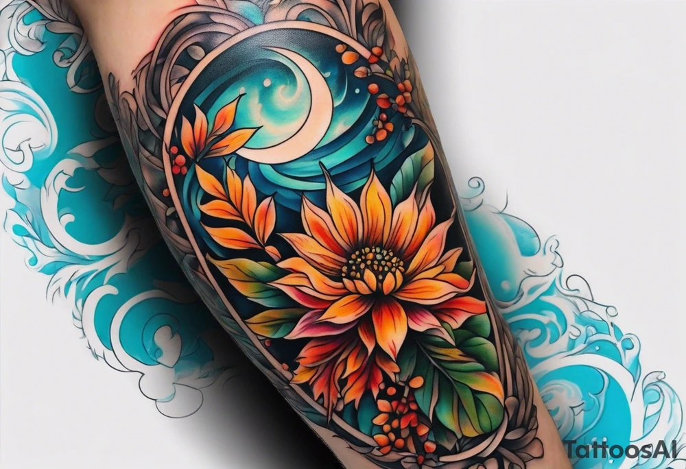 Knee tattoo with fall colors showing leaves, flowers, water flow and sky tattoo idea