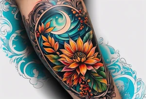 Knee tattoo with fall colors showing leaves, flowers, water flow and sky tattoo idea