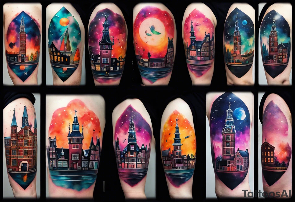 Arm tattoo, Animals, birds, stag, fox, watercolour of animals made from glass in Amsterdam featuring Amsterdam buildings and Amsterdam canal in galaxy colours featuring pineapples as space colours, galaxy colours, night sky, pineapples tattoo idea