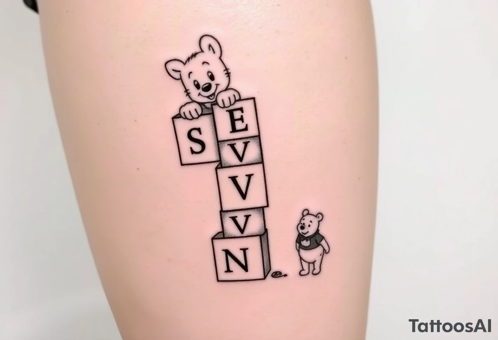 a thigh tattoo with alphabet blocks going down vertically but on the alphabet blocks, the name S E V Y N is alternated on the sides of all five blocks and 07/14/25 is alternated on the other sides of the blocks as well and on the top of the blocks Marie from the Aristocats peeking up looking showing her eyes, her bow on her head and her front pause and then on the bottom block then Winnie the Pooh standing on the ground, reaching up on the block for the honey that’s spilling off the side and on the left side not on the blocks to say 6 ounces 12 pounds 20 inches all lined up in a column going vertically starting with the 6 ounces 12 pounds and 20 inches in that order and then on the right side, not touching the blocks to say 3:51 AM. tattoo idea