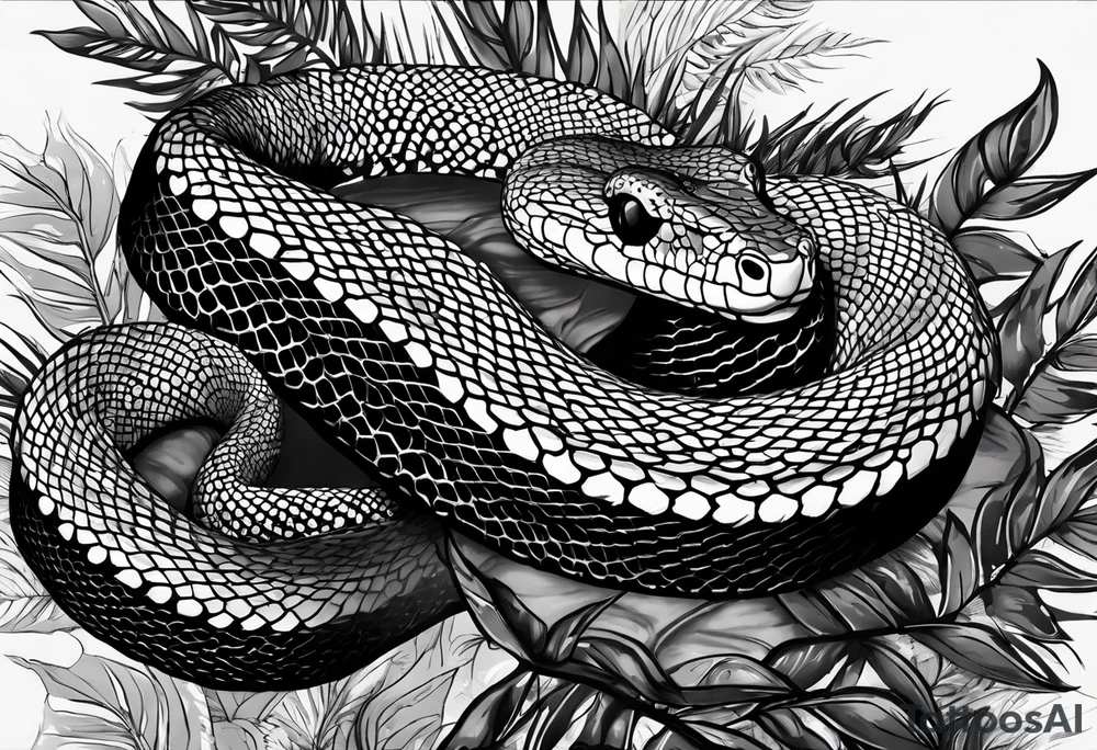 Black and grey realistic yellow blotched pit viper snake with rainforest background on forearm. I want the snake to look aggressive with mouth open showing fangs tattoo idea