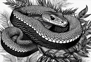 Black and grey realistic yellow blotched pit viper snake with rainforest background on forearm. I want the snake to look aggressive with mouth open showing fangs tattoo idea