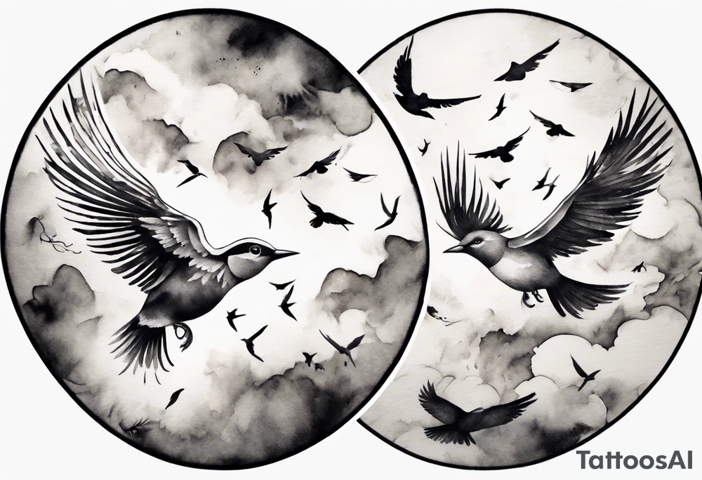 shoulder tattoo with light rays with birds flying free among the clouds, round shape, 3d effect tattoo idea