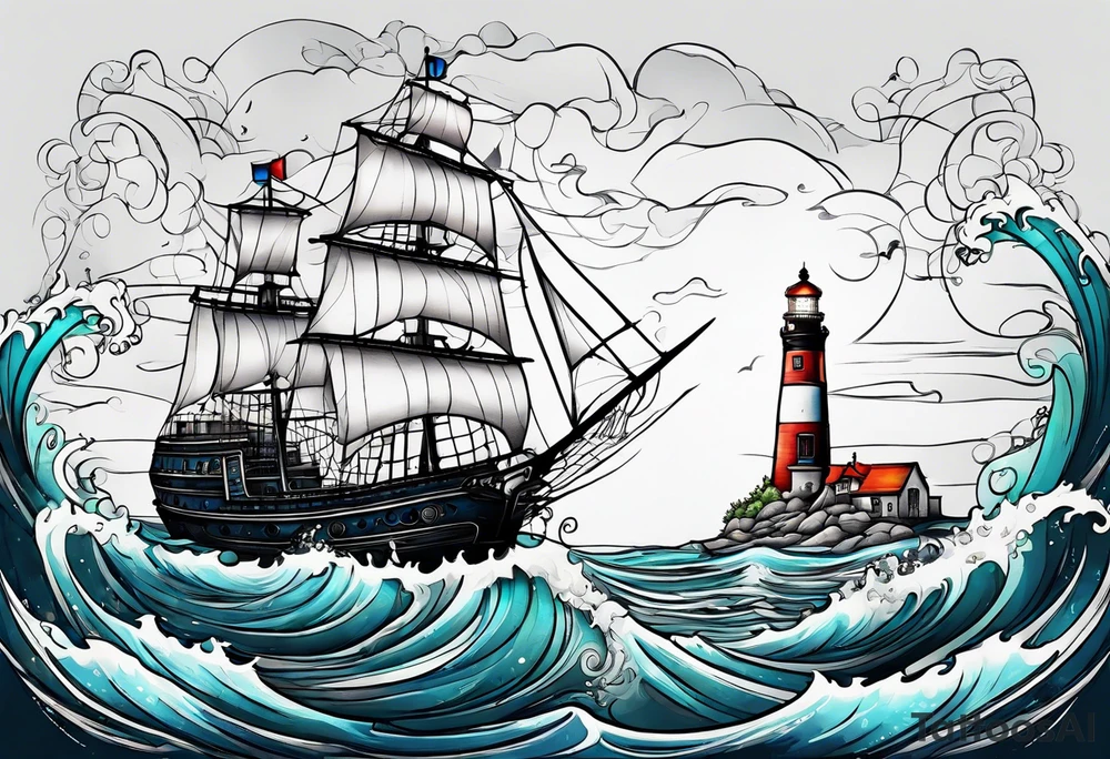Combination of ship, sea, lighthouse and 1966 tattoo idea