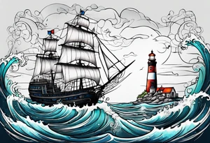 Combination of ship, sea, lighthouse and 1966 tattoo idea