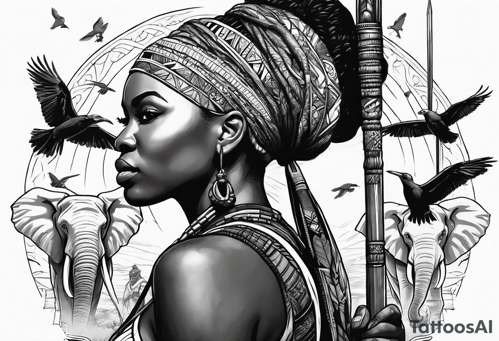 African woman warrior holding a spear with birds and elephants in the background tattoo idea