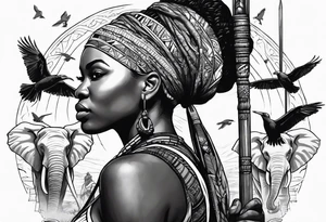 African woman warrior holding a spear with birds and elephants in the background tattoo idea