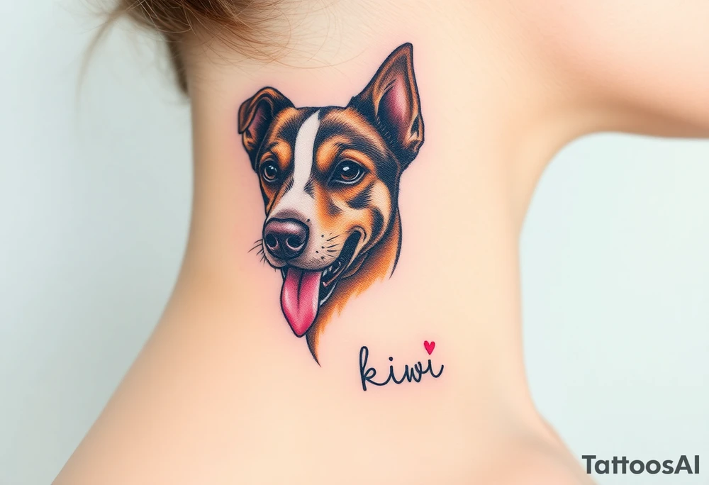 One line tattoo of female dog with white strip going up dog’s snout slightly off centered. Brown brindled and the dogs tongue slightly out with  the name kiwi and Just the colors black  white brown with a small heart near by tattoo idea