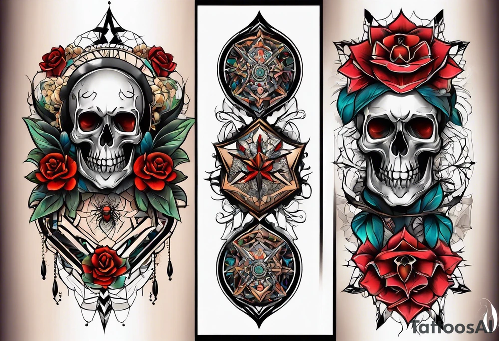 Traditional knee tattoo with skull and spider, geometric shapes and flowers tattoo idea