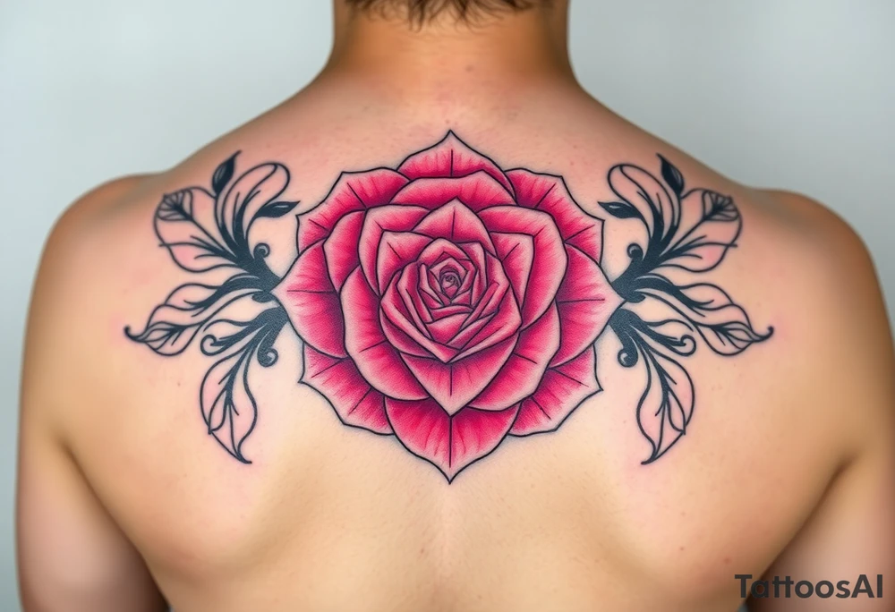 The pink rose blooms in a mesmerizing display of symmetry, its delicate petals unfolding in a kaleidoscope of repeating patterns, where soft blush and vibrant magenta hues seamlessly blend, creating an intricate, fractal-like illusion that shifts and transforms with every glance on a hand tattoo tattoo idea