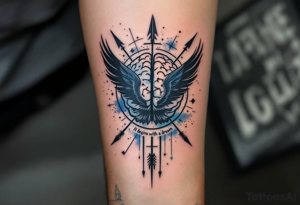 Tattoo inspired in the gifted brain in geometric and straight lines, with few watercolor details but mostly black, symbols representing intelligence, creativity and dreaming flying arround, the phrase "It begins with a dream", raven wings behind, and an arrow crossing from above, and watercolors leaking of it tattoo idea