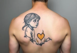 A little girl rising through the ashes, with a tear in her eye and a heart of gold tattoo idea