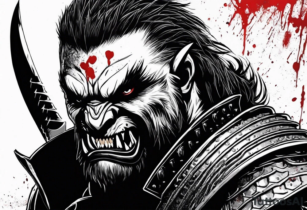 Draw me psychopath Fearless Honey Badger/Berserker with aggressive full body, killer face with a scary smile, very long nails and he attacks like a Bloody Assassin/Warrior/Gladiator to us and also, he has very deadly looking. He fights with his nails only. Everybody scares after their first sight. Give me horror type Badger Tattoo. I want to see his Realistic full body with no weapons. You can show destruction at the back. tattoo idea