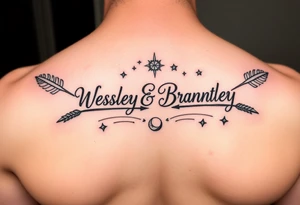 name tattoo Wesley Brantley Logan with arrows and moons and stars tattoo idea