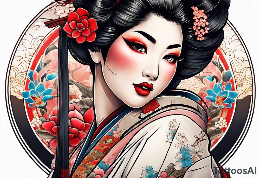 neo traditional Geisha pinup full body tattoo idea