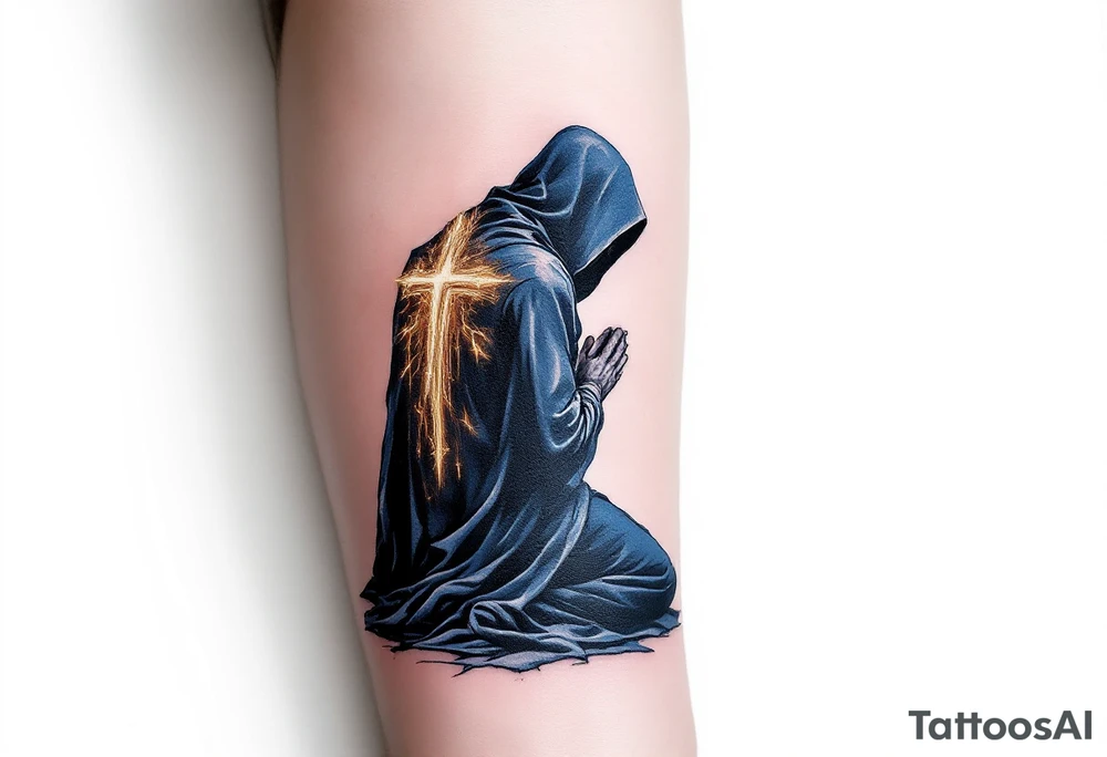 A Reaper kneeling in prayer, cloaked in deep navy blue with a glowing golden cross on the back. tattoo idea